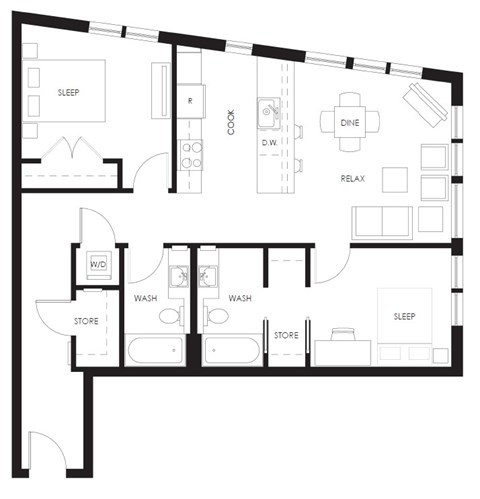 Floor plan for 2 beds, 2 baths, 951 sqft